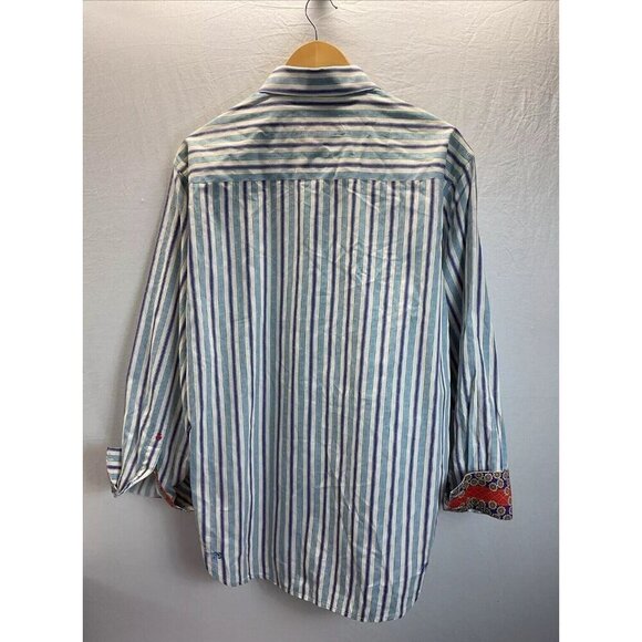 Robert‎ Graham Mens size LG  Long sleeve Blue Striped Shirt contrast cuff - Picture 2 of 9